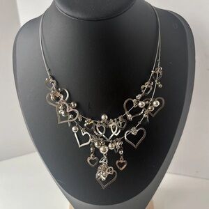 Vintage Silver Tone Multi Strand Heart Charm Necklace Bib Statement Y2K Boho